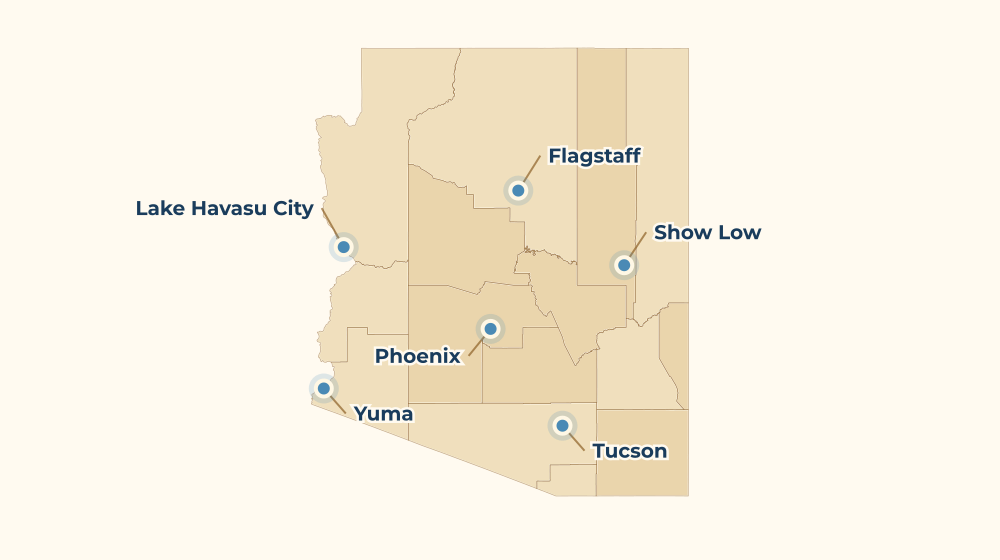 Arizona map with county boundaries and major cities